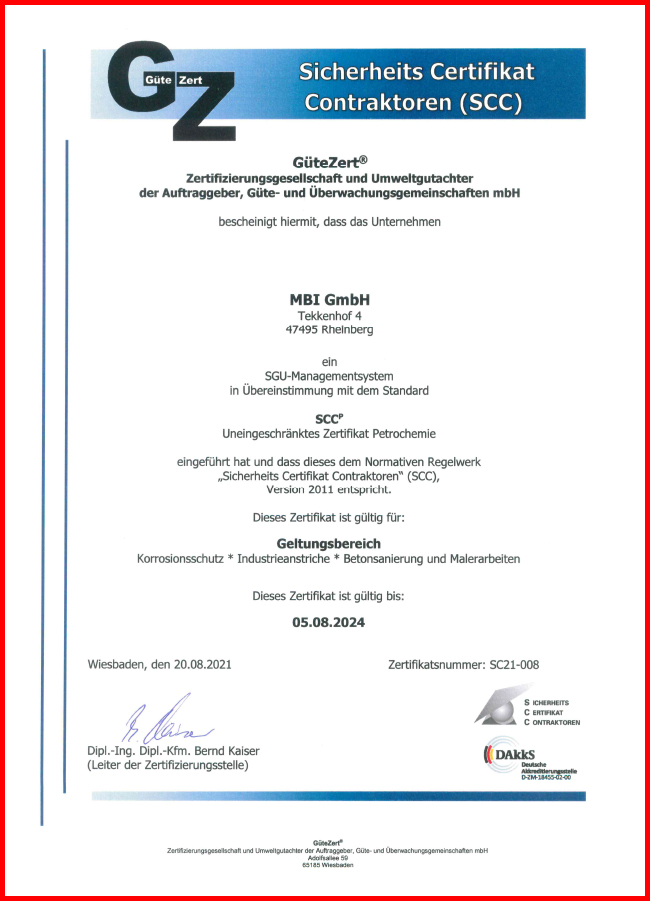 MBI Korrosionsschutz SCC Zertifikat