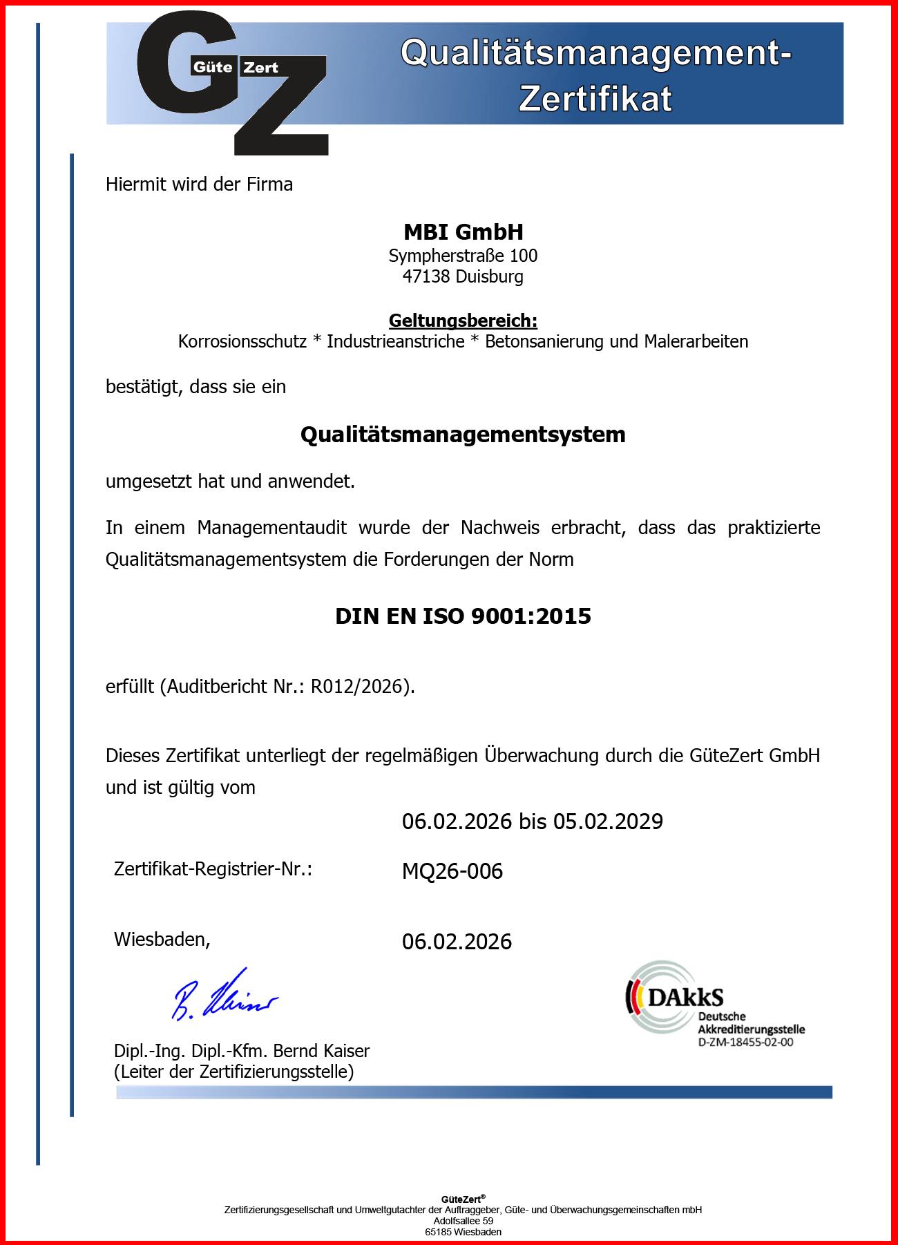 • MBI GmbH-Zertifikat ISO 9001 2026